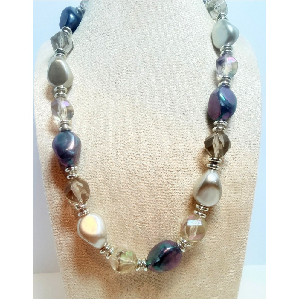 Chunky Iridescent Blue and Clear Glass Bead Statement Necklace 20"